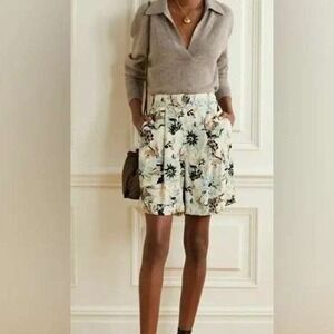 DIANE VON FURSTENBERG Shorts Women's 14 Green Floral Pleated High Rise Summer